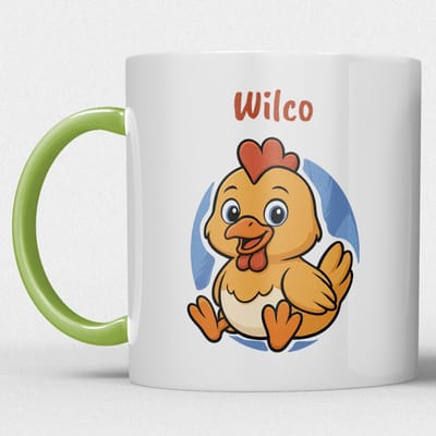 kindermok/kinderbeker | gepersonaliseerd met naam | met kip | groen | Schattige illustraties