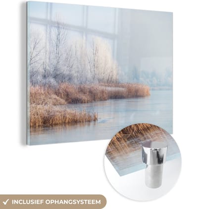 MuchoWow® Glasschilderij 40x30 cm - Schilderij acrylglas - Landschap - Winter - Sneeuw - IJs - Ochtend - Foto op glas - Schilderijen