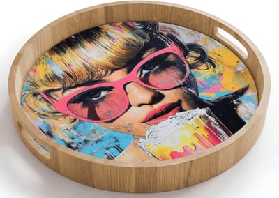 Dienblad rond 40x40 cm - Schootdienblad hout - Zonnebril - Vrouw - Kleurrijk - Verfspetters - Borrelplank rechthoek - Plateau houten dienbladen