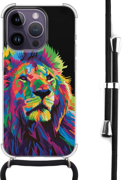 Hoesje met koord - Geschikt voor iPhone 14 Pro Max - Leeuw pop art - Verstelbaar zwart koord - Zwart, Transparant, Multi - Print / Illustratie - Leuke Telefoonhoesjes