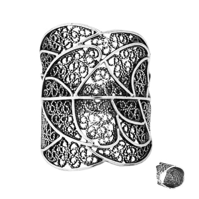 Cavill - Zwarte Gerhodineerde Sterling Zilveren Ring - Elegant Filigraan - Brede Geometrische Damesring - Lichtgewicht & Duurzaam