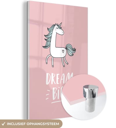 MuchoWow® Glasschilderij 120x180 cm - Schilderij acrylglas - Eenhoorn - Kinderen - Quotes - Dream big - Meisjes - Roze - Foto op glas - Schilderijen