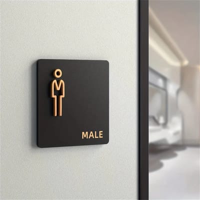 Premium Acryl Toiletbordje - Zelfklevend WC Bord met 3D Icoon - Zwart / Goud - 12x12 cm - Heren