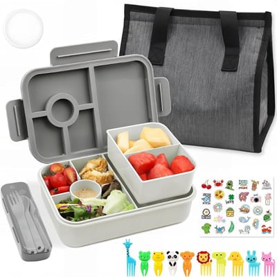 Famanu - Broodtrommel met 5 vakken, 1300 ml, met lunchtas, lekvrije lunchbox, bento box met bestekset, broodtrommel voor kinderen en volwassenen, ontbijtdoos, grijs