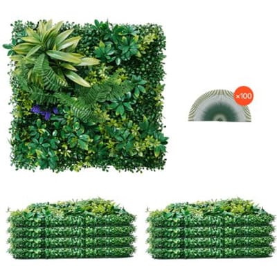 VEVOR Kunstplantenwand, 8 stuks, 500x500x50 mm, 3D-combinatie van groene buxuspanelen, groene decoratie en klimophekbedekking, privacyscherm als achtergrondmuur, haagbescherming voor de tuin