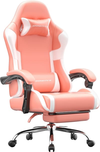 Dowinx - Ergonomisch - Bureaustoel/Gamingstoel - PU leer, verstelbare rug, armleuningen, voetsteun - Roze/Wit