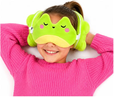 Relaxeazzz Relaxeazzz Reis set - Kikker knuffel / reiskussen / slaapmasker - voor kinderen - in vliegtuig of auto