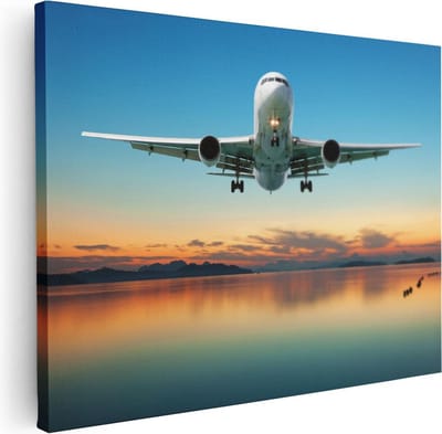 Artaza Canvas Schilderij Zonsondergang - 40x30 cm - Klein - Wanddecoratie Zee - Muurdecoratie Strand - Kamer Accessoires Vliegtuig