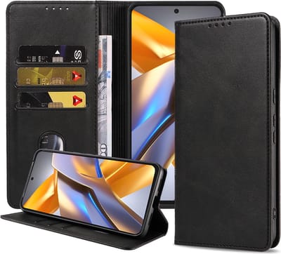 Smartphonica Telefoonhoesje geschikt voor Xiaomi Poco M5s kunstleren Hoesje met Magnetische sluiting en Pasjeshouders Book Case met Klepje - Zwart geschikt voor Xiaomi Poco M5s