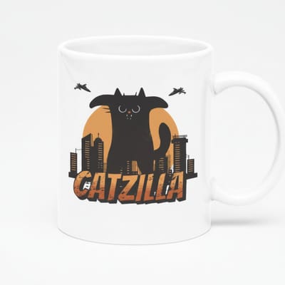 Catzilla Mok 330ml – Witte Koffiemok met Grappig Kattenmonster Ontwerp – Leuk Cadeau voor Kattenliefhebbers