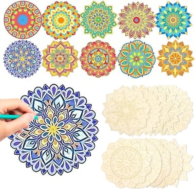 SnelShoppen - Mandala-Gemälde-Set uit Hout, Decoratieve Bordure, Unlackt Hout voor Creatief Schilderen, 10 Stuks Mandala-Ornamenten voor Volwassenen,
