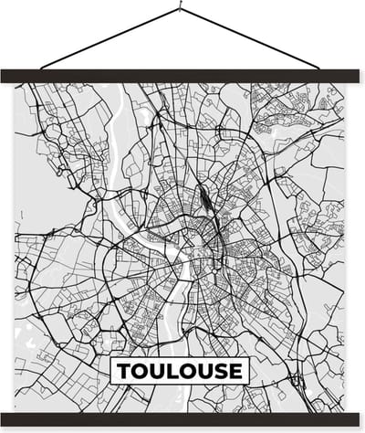 Posterhanger incl. Poster 60x60 cm - Schoolplaat - Kaart - Stadskaart - Frankrijk - Toulouse - Plattegrond - Textielposter - Zwarte latten - Stadskaart