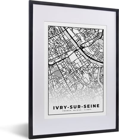 Fotolijst incl. Poster Zwart Wit- Kaart - Ivry-sur-Seine - Stadskaart - Frankrijk - Plattegrond - Zwart wit - 30x40 cm - Posterlijst