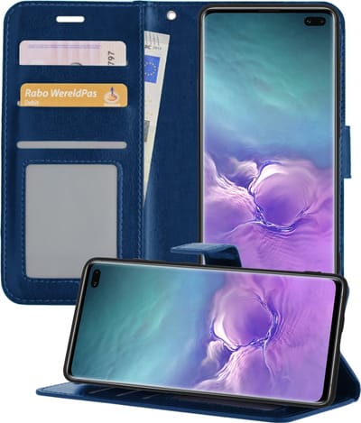Hoesje - Met Pasjeshouder - Geschikt voor Samsung Galaxy S10 - Luxe Bookcase Portemonee - Flip Case - Kunstleer Book Case - Flipcase - Book Cover - Walletcase - Portemonneehoes - Telefoonhoesjes - Donkerblauw
