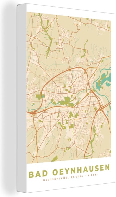 Canvas Schilderij Bad Oeynhausen - Vintage - Kaart - Stadskaart - Plattegrond - 20x30 cm - Wanddecoratie