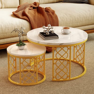 Wishdor Ronde Salontafel Set 2-delig (Ø70 & Ø45 cm) - In Elkaar Schuifbaar - Marmerlook - Geometrisch Goud Metaal