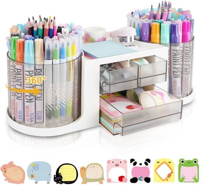 Dailygoods- Bureauorganizer 360° draaibaar - 2 pennenhouders - 3 lades - multifunctionele pennenpot - kantoorbenodigdheden - hoogwaardig kunststof - Pennenhouder