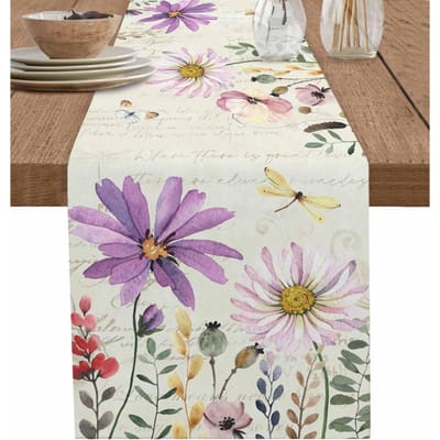 Chemins de table en lin violet printanier, fleurs d'été, botanique vintage, décoration de table à manger, style ferme, maison, vacances, fête de mariage 150x33cm