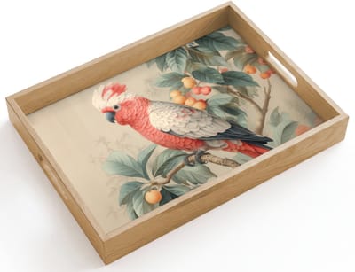 Dienblad hout 40x30 cm - Schootdienblad - Roze kuifkaketoe - Tak met vruchten - Bladeren - Borrelplank rechthoek - Plateau dienbladen