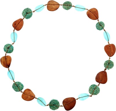 Behave - Lange blauwe ketting met platte schelp kralen en houten kralen - 114 cm