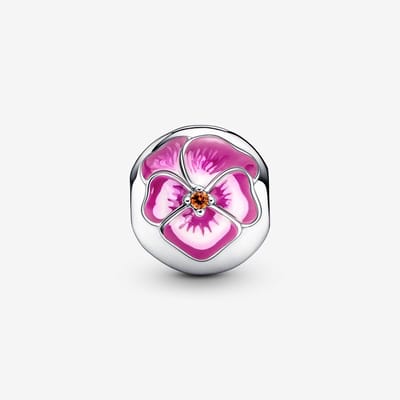 Fler® | Bedel | Past op populaire bedel armbanden (standaard-3mm) | armbandbedel | Roze Viooltje Bedel | Bloem Charm | Hangbedel Charm | 925 sterling zilver | Oranje zirkonia | Roze emaille | Vriendschap, Verjaardagsgeschenk, Cadeau | Valentijn kado