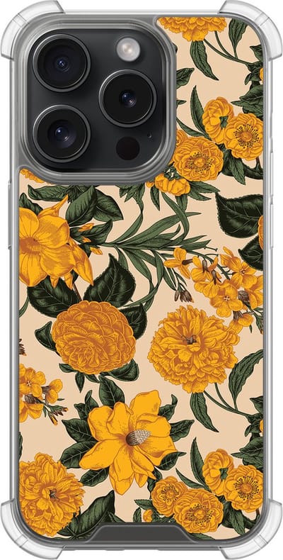 Shockproof hoesje - Geschikt voor iPhone 15 Pro - Retro flowers - Extra sterke case - TPU/polycarbonaat - Bloemen - Geel, Transparant