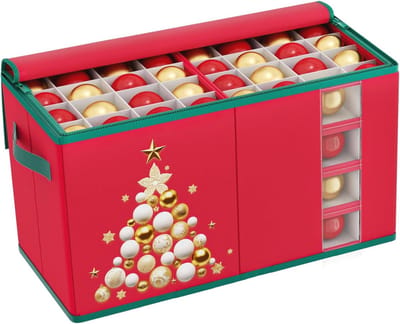Ornament Opslag Container - Kerst Decoratie Doos - Vakantie Opslag - Met Verdelers - 128 Ornamenten - Rood
