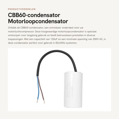Dailygoods - CBB60-condensator - Motorloopcondensator 120uF - Betrouwbare isolatie - Wit - AC-condensator 250V - Geschikt voor luchtcompressor - 50/60Hz