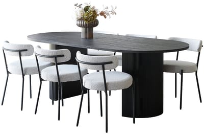 Kyoto eethoek eettafel 100x210cm donkerbruin en 6 stoelen bouclé wit.