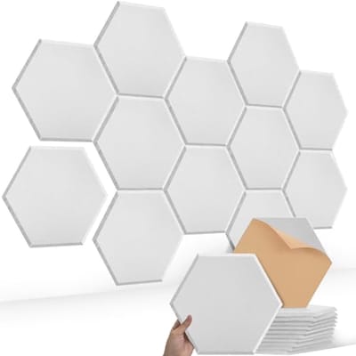 Zeshoekige geluidsisolatiepanelen, decoratieve wandpanelen voor akoestische verbetering, 12 stuks, 30 x 26 x 0,9 cm