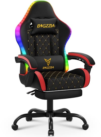 BIGZZIA Gaming stoel - Ergonomische stoel - 90-135° Verstelbare Rugleuning - 150kg Belastbaarheid - 360° Draaibaar - met hoofdkussen en lendenkussen - RGB-verlichting - voetensteun - Zwart en Rood
