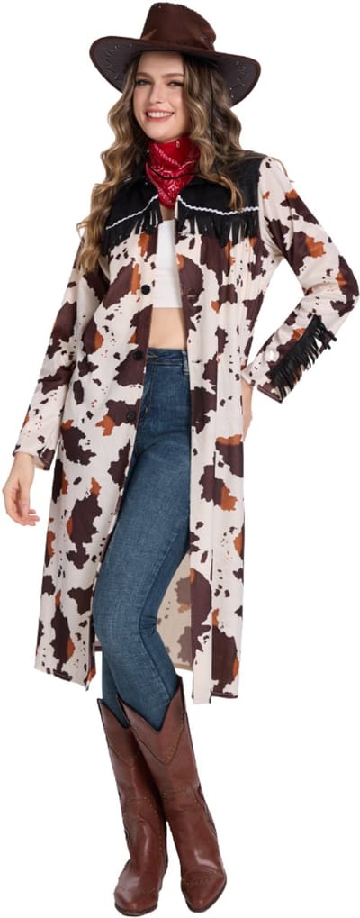 Joya Party® Cowgirl Verkleedset Dames | Western Jas met Koeienprint & Franjes | Inclusief Rode Cowboy Sjaal | Carnaval Cowgirl Outfit | Warm Kostuum Vrouw | Maat S/M