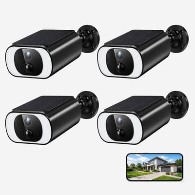 ieGeek 5 MP HD-bewakingscamera voor buiten met accu en zonnepaneel, IP-camera voor buiten op zonne-energie met schijnwerper, PIR-bewegingsdetectie, 2,4 GHz wifi 4pcs