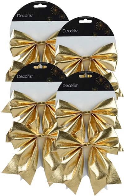 Decoris Kerstornamenten strikken - 8x - glanzend goud - 15 x 17 cm - kerstboomstrikjes - kerstversiering strikjes