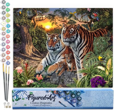 Figured'Art Schilderen op Nummer Volwassenen canvas Tijgerfamilie - Handwerk acrylverf Kit DIY Compleet - 40x50cm zonder frame