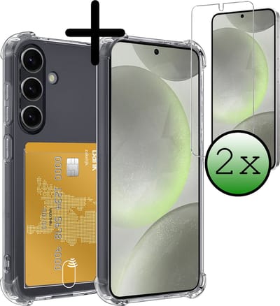 Hoesje Geschikt voor Samsung Galaxy S24 - Met 2x Screenprotector - Pashouder - Kaarthouder - Telefoon Hoes Shockproof - Siliconen Case - Back Cover - Shock Proof - Pasjes Houder - Transparant