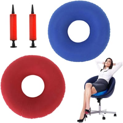 Orthopedisch Opblaasbaar Zitkussen voor Hemorroïden, Verbeter Zitcomfort en Houding, Inclusief Pomp, Ronde Vorm (Blauw/Rood)