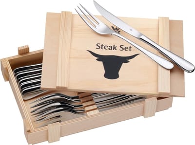 steakbestek 12-delig, steakbestekset voor 6 personen, steakmes, steakvork, gepolijst Cromargan roestvrij staal, grillbestek in houten kist