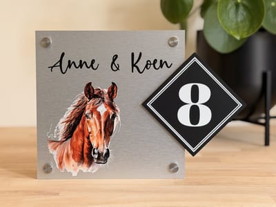 Naambordje | Huisnummerbord voordeur | paard bay / sorrel | 20x28cm | rvs afstandhouders