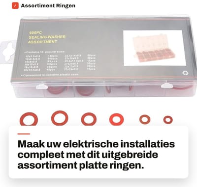Dailygoods - Assortiment Ringen 600 Stuks - Rood Staal Papiervezel - Platte Isolatieschijven - Voor Elektrische Installaties - 12 Verschillende Maten...