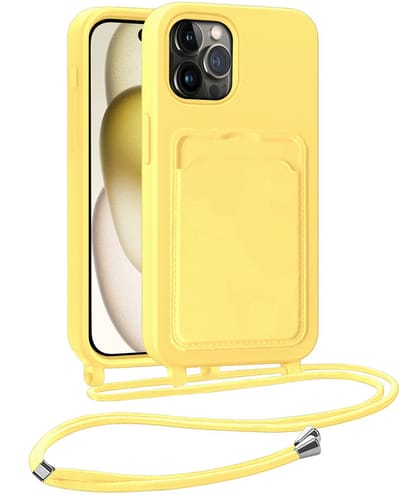 Hoesje Geschikt voor iPhone 14 Pro Telefoonhoesje Met Koord Case Pashouder Siliconen - Hoes Geschikt voor iPhone 14 Pro Hoesje Met Kaarthouder - Geel