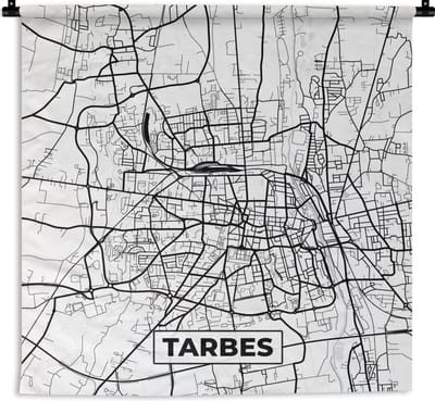 Wandkleed - Wanddoek - Kaart - Tarbes - Frankrijk - Stadskaart - Plattegrond - Zwart wit - 180x180 cm - Wandtapijt
