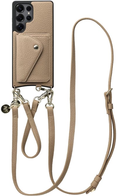 AVY Leren Hoesje geschikt voor Samsung Galaxy S25 Ultra | Met Koord en Magnetische Kaarthouder | Compatibel met MagSafe | Leather Case met 30CM & 130CM Koord & Wallet | Leather Set | Beige