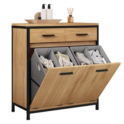 Dutchers® Badkamerkast met 2 Wasmanden – Opbergkast met 2 Lades – Waskast met Metalen Frame – Wasverzamelaar & Meubel in Licht Eiken/Zwart – 72,5x80x34 cm