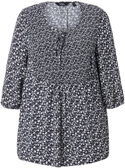 Ulla Popken - Dames - Blouse A-lijn gesmokt inzetstuk - Zwart - Maat 46+