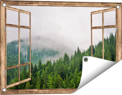 Gards Tuinposter Doorkijk Groen Bos met Bomen tijdens de Mist - 60x40 cm - Tuindoek - Tuindecoratie - Wanddecoratie buiten - Tuinschilderij