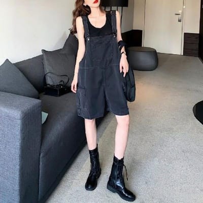 Puur Zwarte Overall Dames Zomer Koreaanse Versie van Losse Retro Hong Kong Stijl Rechte Wijde Pijp Denim Shorts Tide XL black
