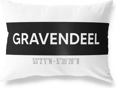 Tuinkussen GRAVENDEEL - ZUID-HOLLAND met coördinaten - Buitenkussen - Bootkussen - Weerbestendig - Jouw Plaats - Studio216 - Modern - Zwart-Wit - 50x30cm