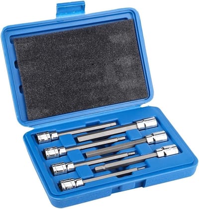 Complete 7-delige inbussleutelset met extra lange hex-sleutels van 110 mm, inclusief Torx en diverse maten 3-10 mm