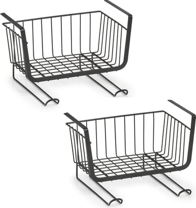 Zeller opberg opruim kast hangmandjes - 2x - zwart - met haken 31 x 26 x 20 cm - Organiseren - Opbergmand - voor plankdikte van 3 cm - Kastmanden